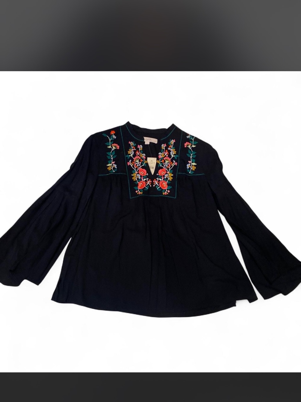 LOFT Black Embroidered Floral Peasant Blouse